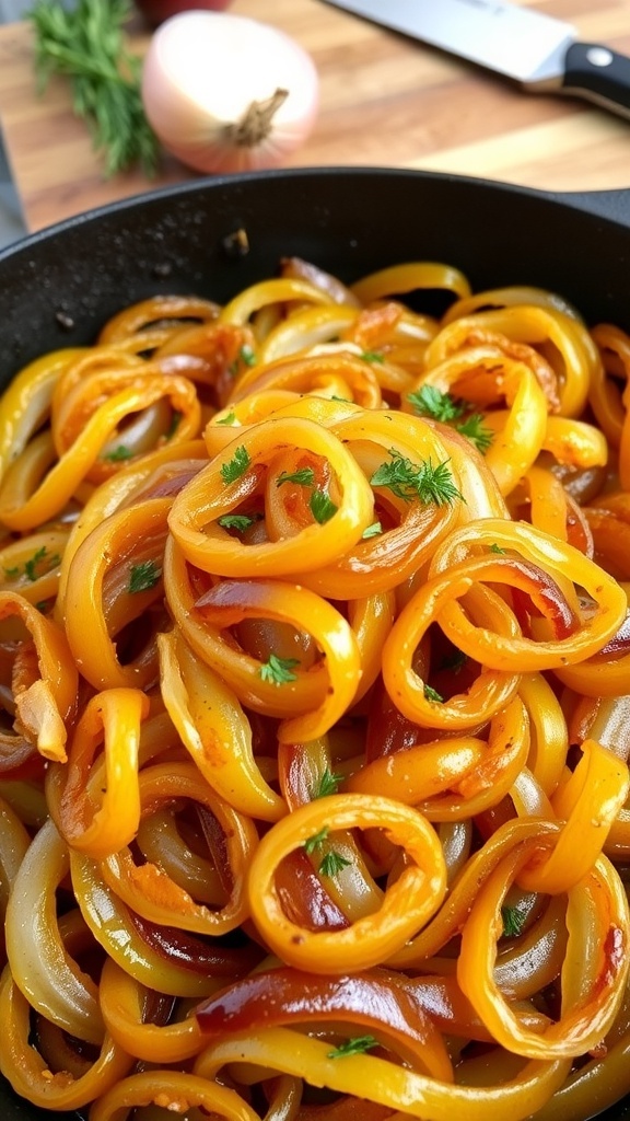 Caramelized onions in a skillet, golden brown and glossy, with fresh herbs on top.
